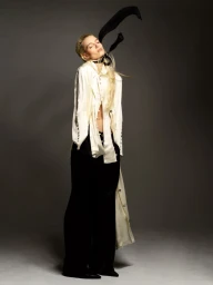Model Alicja Tubilewicz wearing an open cream blouse and black wide-leg trousers against a neutral grey studio background.