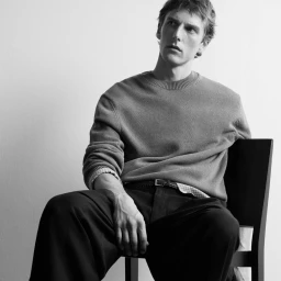 Man seated on a dark chair wearing a crewneck knit sweater and dark trousers in black and white studio lighting.