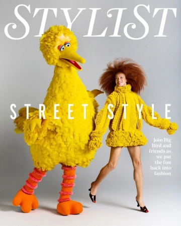 Model Tianna St. Louis wearing a yellow knit dress alongside Big Bird against a grey studio backdrop for Stylist Magazine.