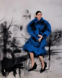Sandra Bullock wearing a voluminous royal blue shaggy coat and black heels against an illustrated charcoal sketch backdrop.