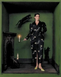 Sandra Bullock holds a lit candle spoon inside a green diorama room with black cats for Interview Magazine.
