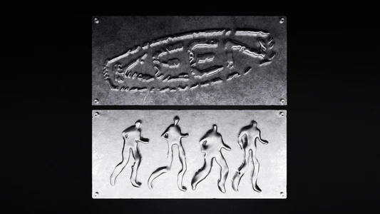 Two brushed metallic plates displaying the embossed KEEN logo and four runner silhouettes against a solid black background.