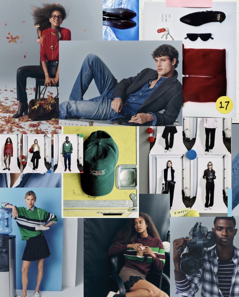 Fashion moodboard collage featuring multiple editorial shots of models, clothing flat lays, and a green J.Crew cap.