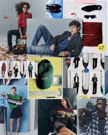 Fashion moodboard collage featuring multiple editorial shots of models, clothing flat lays, and a green J.Crew cap.