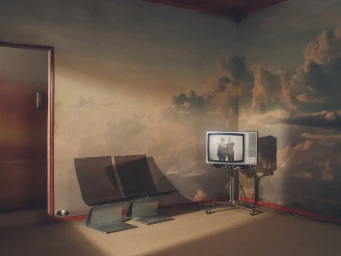 Vintage television on a wheeled chrome stand beside two brown chairs in a room with painted cloud mural wallpaper.