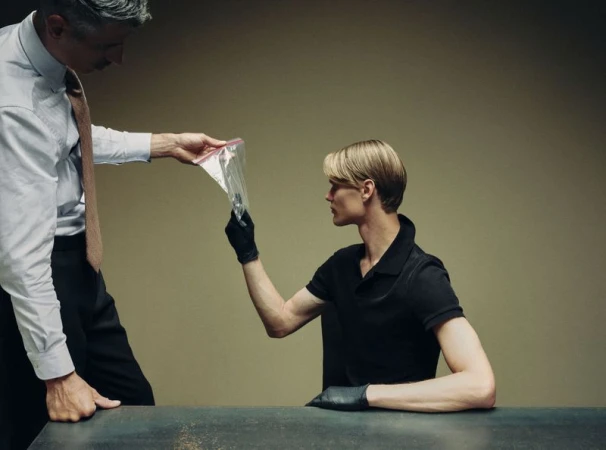 A seated man in a black polo and black gloves reaches for a clear evidence bag held by a standing man in a tie.