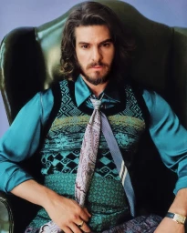 Andrew Garfield seated in a green armchair wearing a teal shirt, patterned vest, and paisley tie against a light background.