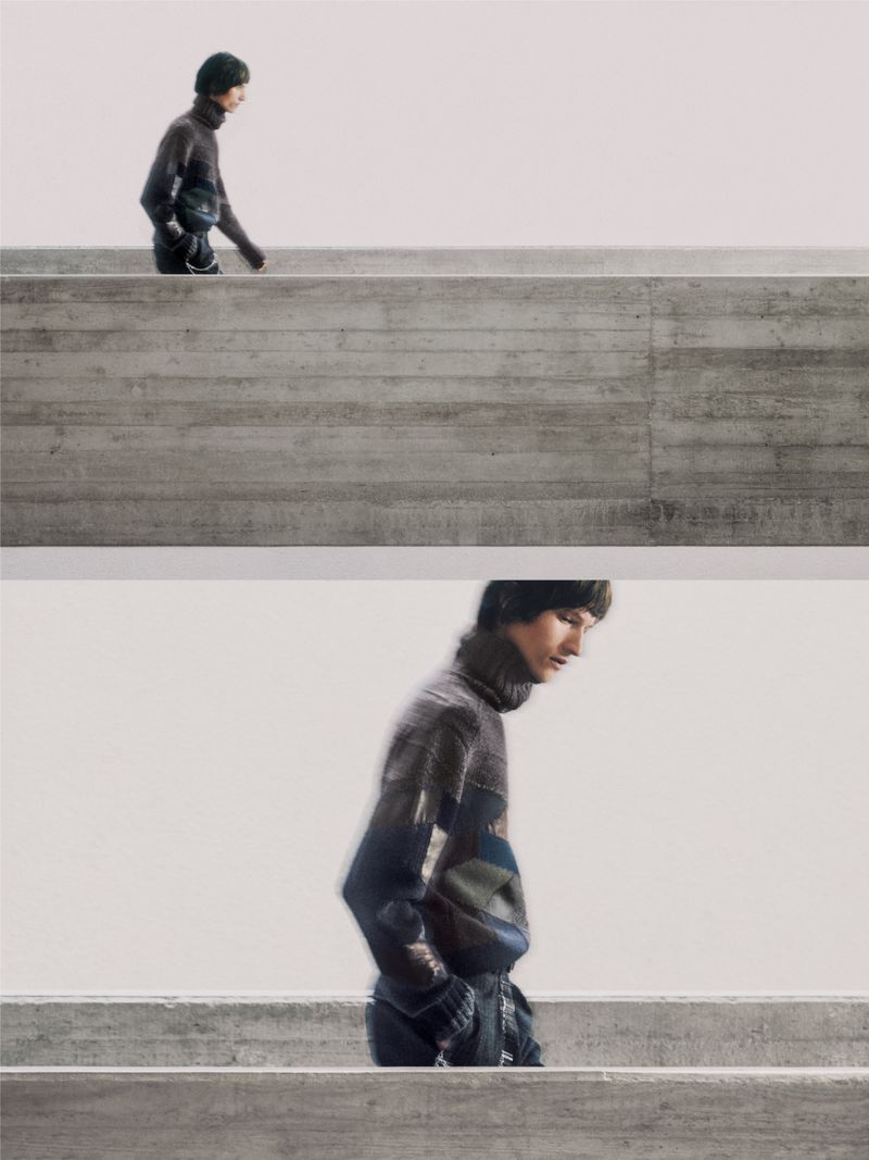 A two-panel vertical editorial photograph of a man in a high-neck knit sweater walking behind a textured concrete wall on a pale ground.