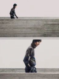 A two-panel vertical editorial photograph of a man in a high-neck knit sweater walking behind a textured concrete wall on a pale ground.