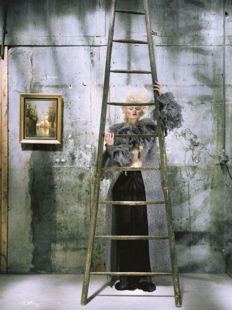 Model with blonde hair standing behind a tall wooden ladder against a weathered concrete wall next to a framed landscape painting.