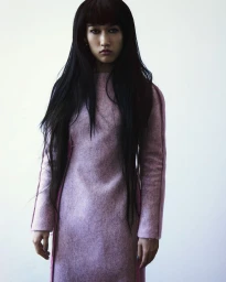 Model Asako Sato posing in a long textured pink dress with long black hair against a plain white studio backdrop.