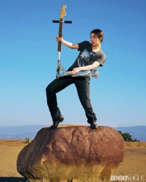 A young man in black posing dynamically atop a large boulder holding a modified guitar scooter under a clear blue sky.