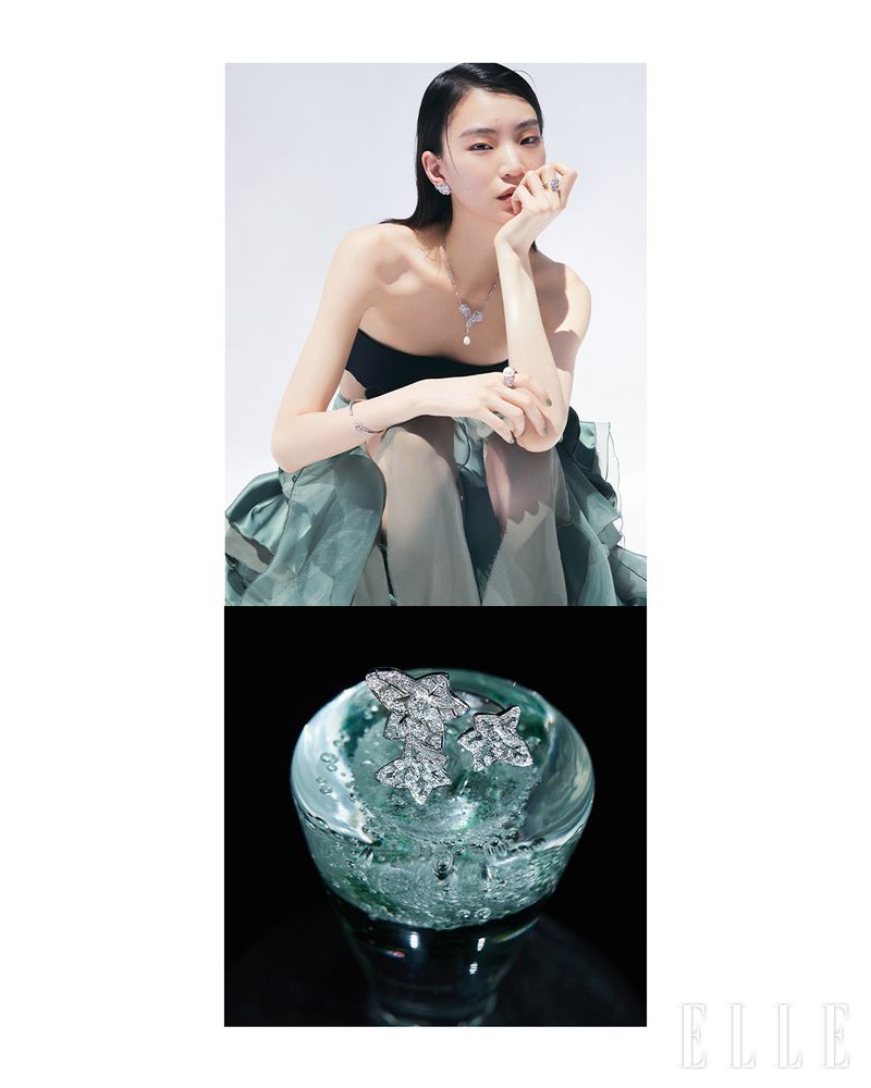 Editorial diptych of an East Asian model wearing diamond jewelry above a close-up of diamond leaf rings on green glass.