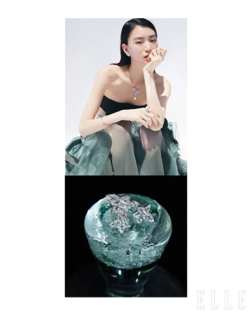 Editorial diptych of an East Asian model wearing diamond jewelry above a close-up of diamond leaf rings on green glass.
