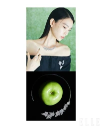 Split editorial image showing an East Asian woman wearing diamond ivy leaf jewelry above a green apple framed by a matching choker.