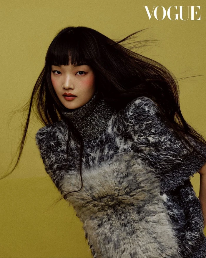 East Asian model with straight bangs wearing a fuzzy grey high-neck knit top against a yellow-green backdrop.