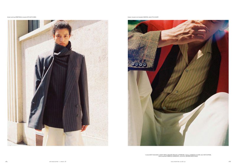 Fashion editorial magazine spread showing a model in a dark pinstripe blazer on the left and a layered tailored outfit on the right.