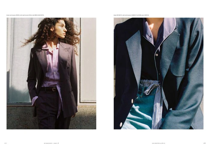 Fashion editorial spread showing a model in a tailored suit on the left and a close-up of layered blazers on the right.