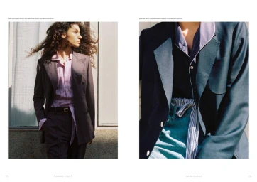 Fashion editorial spread showing a model in a tailored suit on the left and a close-up of layered blazers on the right.