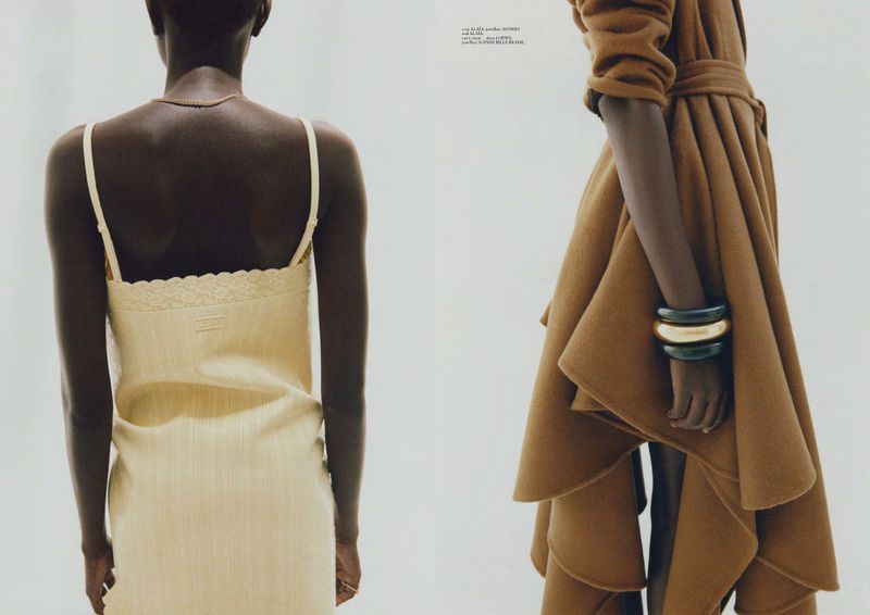 Editorial diptych showing a model from behind in a pale yellow slip dress alongside a figure in a draped camel coat.
