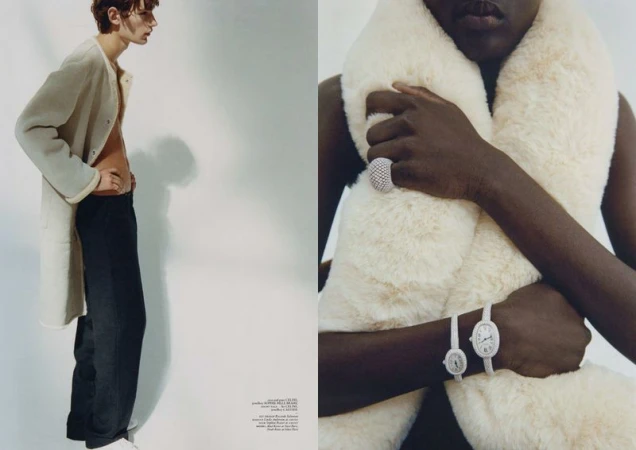 Fashion editorial diptych showing a male model in a shearling coat and a close-up of a model wearing luxury watches and faux fur.
