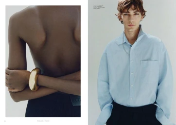Editorial diptych showing a model wearing a sculptural gold cuff bracelet on the left and a male model in a light blue shirt on the right.