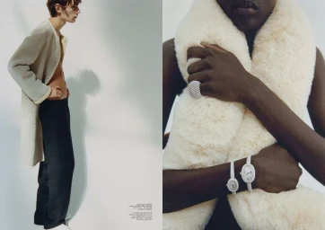 Fashion editorial diptych showing a male model in a shearling coat and a close-up of a model wearing luxury watches and faux fur.