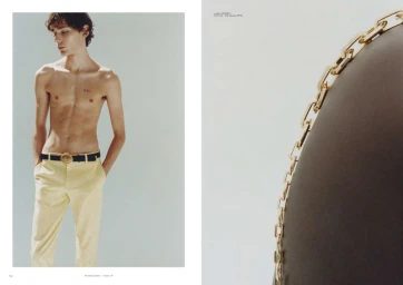 Editorial spread with a shirtless man in yellow trousers on the left and a macro shot of a gold chain necklace on the right.