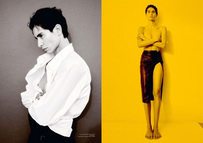 Model Mariane Godoy in a fashion editorial diptych, wearing an open white shirt on the left and a black slit skirt on yellow on the right.