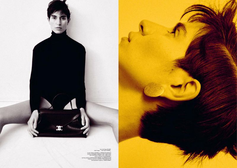 Fashion diptych featuring a seated model with a black handbag on the left and a close-up profile portrait in yellow light on the right.