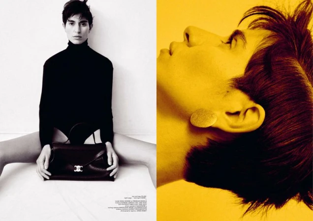 Fashion diptych featuring a seated model with a black handbag on the left and a close-up profile portrait in yellow light on the right.