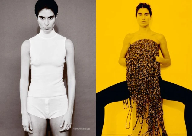 Fashion editorial diptych of model Mariane Godoy posing in a white sleeveless turtleneck top and in a textured fringe garment.
