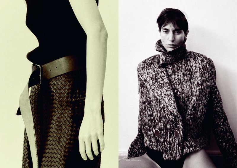 Diptych featuring a close-up of a woven leather skirt and wide belt alongside a portrait of model Mariane Godoy in a textured jacket.