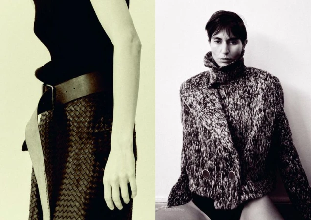 Diptych featuring a close-up of a woven leather skirt and wide belt alongside a portrait of model Mariane Godoy in a textured jacket.
