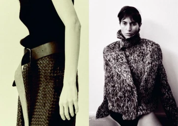 Diptych featuring a close-up of a woven leather skirt and wide belt alongside a portrait of model Mariane Godoy in a textured jacket.
