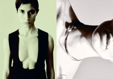 Diptych editorial portrait of model Mariane Godoy in a plunging black vest beside a close-up of a sculptural silver collar necklace.