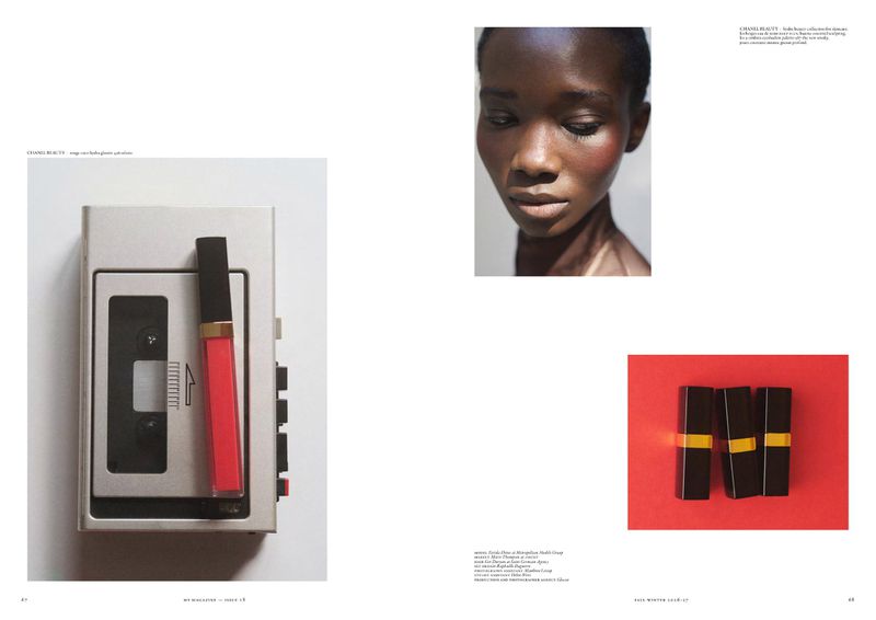 Editorial magazine spread featuring model Farida Ebene, a vintage cassette recorder with lip gloss, and lipstick tubes on red.