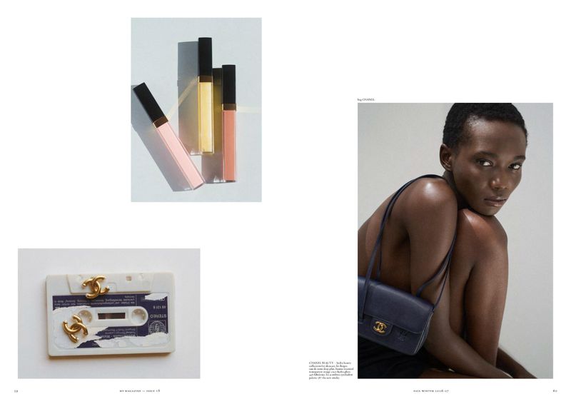 Magazine editorial spread featuring lip glosses, a cassette tape with gold earrings, and a Black woman holding a navy shoulder bag.