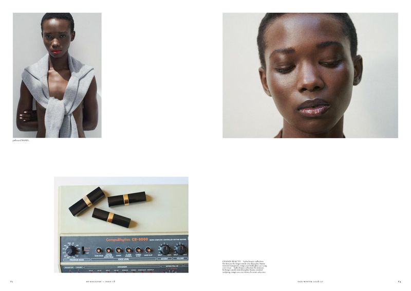 Editorial magazine layout featuring portraits of model Farida Ebene alongside lipstick tubes on a vintage synthesizer.
