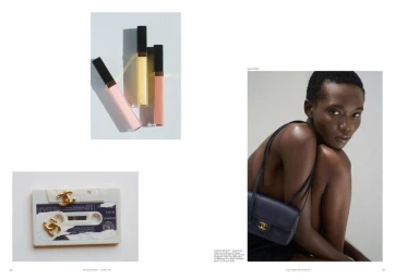 Magazine editorial spread featuring lip glosses, a cassette tape with gold earrings, and a Black woman holding a navy shoulder bag.