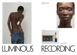Magazine editorial spread featuring beauty portraits of a model in blue jeans alongside a lipstick and vintage control panel.
