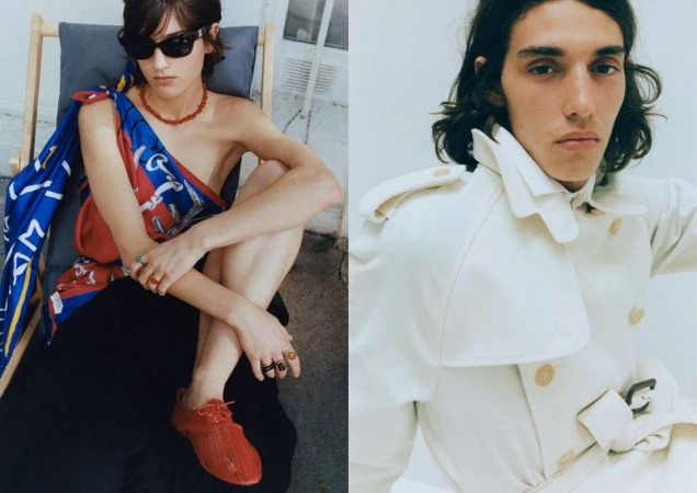 Diptych of a woman in sunglasses with a printed silk scarf seated in a deck chair and a man in a cream double-breasted trench coat.