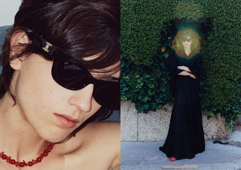 Diptych of a model in black sunglasses and red beaded necklace alongside a full-length shot in a long black dress.