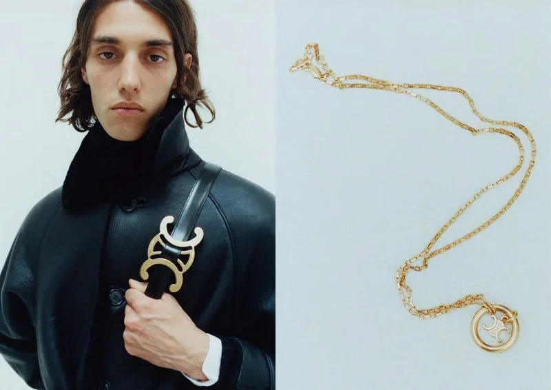 Split frame of a man in a black leather shearling jacket alongside a gold chain necklace with a circular logo pendant.