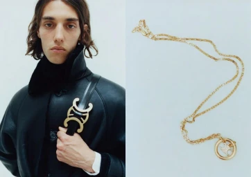 Split frame of a man in a black leather shearling jacket alongside a gold chain necklace with a circular logo pendant.