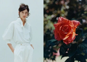 Diptych featuring a model in an oversized white shirt and trousers on the left beside a vibrant coral-red rose in bloom on the right.