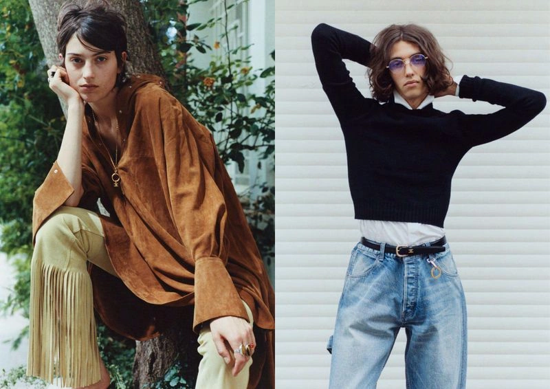 Diptych of a woman in a brown suede tunic with fringed pants and a person in a black cropped sweater with light blue denim jeans.