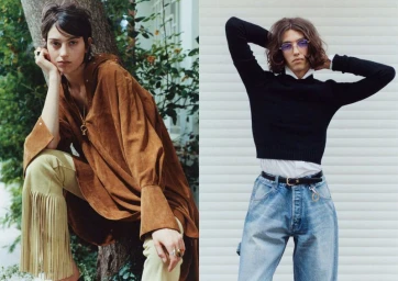 Diptych of a woman in a brown suede tunic with fringed pants and a person in a black cropped sweater with light blue denim jeans.