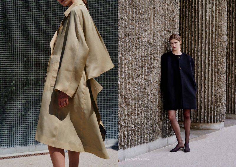 Fashion diptych of models wearing a beige oversized coat and a black structured dress against textured concrete architectural walls.