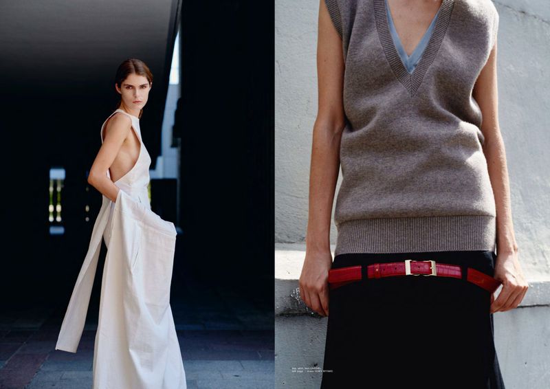 Diptych fashion editorial featuring a model in a white draped gown beside a cropped shot of a knit vest, red belt, and black skirt.